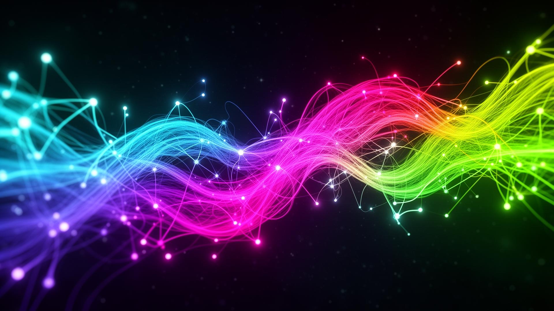 Glowing neural network of multicolored light filaments